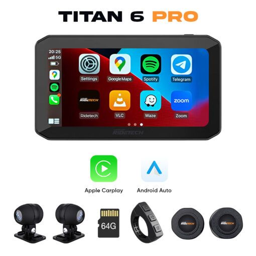 Titan 6 Pro – CarPlay Moto 6,25” + Dashcams + Capteurs de Pression (TPMS)