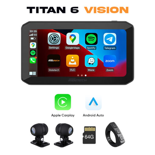 Titan 6 Vision – Écran CarPlay Moto 6,25” + Dashcams Avant / Arrière
