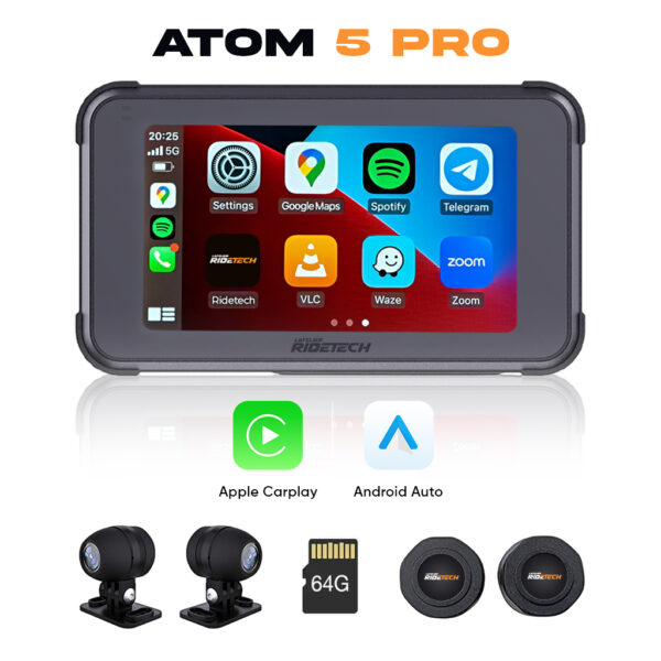 Atom 5 Pro – CarPlay Moto, Dashcams et TPMS