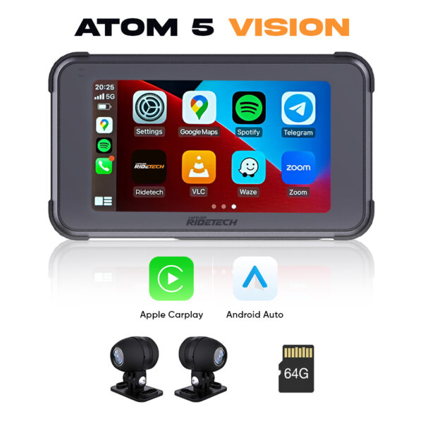 Atom 5 Vision – CarPlay Moto + Dashcam Avant/Arrière